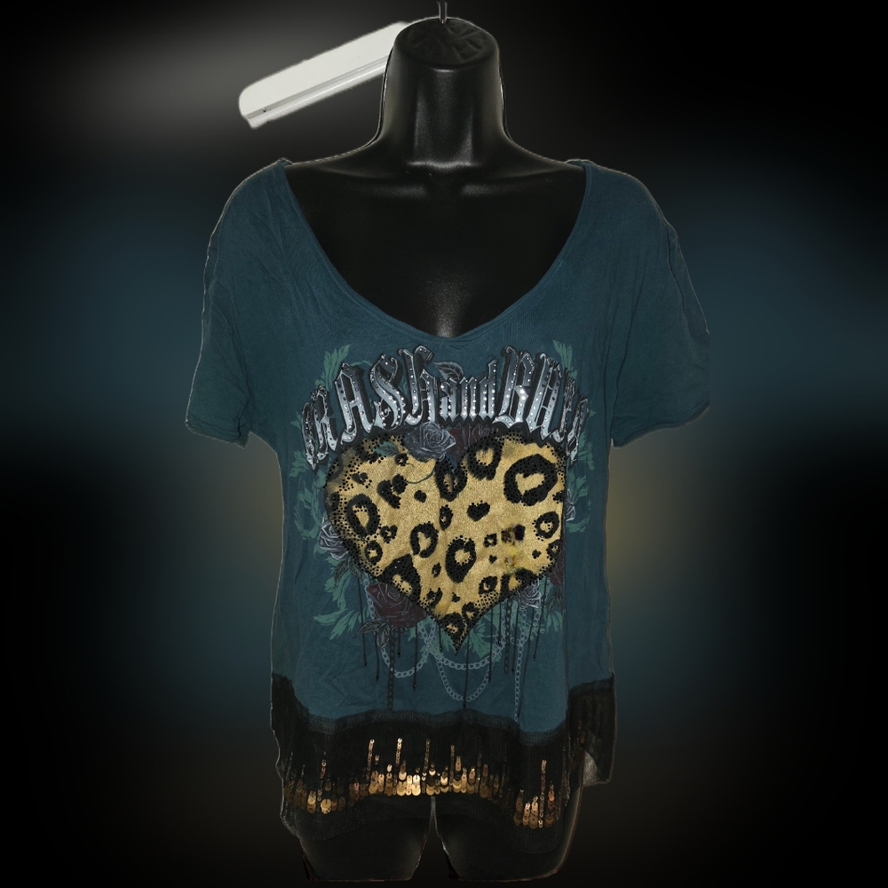 Crash & Burn Teal Graphic Tee with Leopard Heart